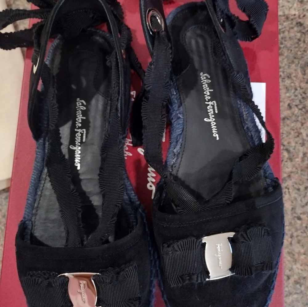 Salvatore Ferragamo Black Suede Espadrilles size 8 m .